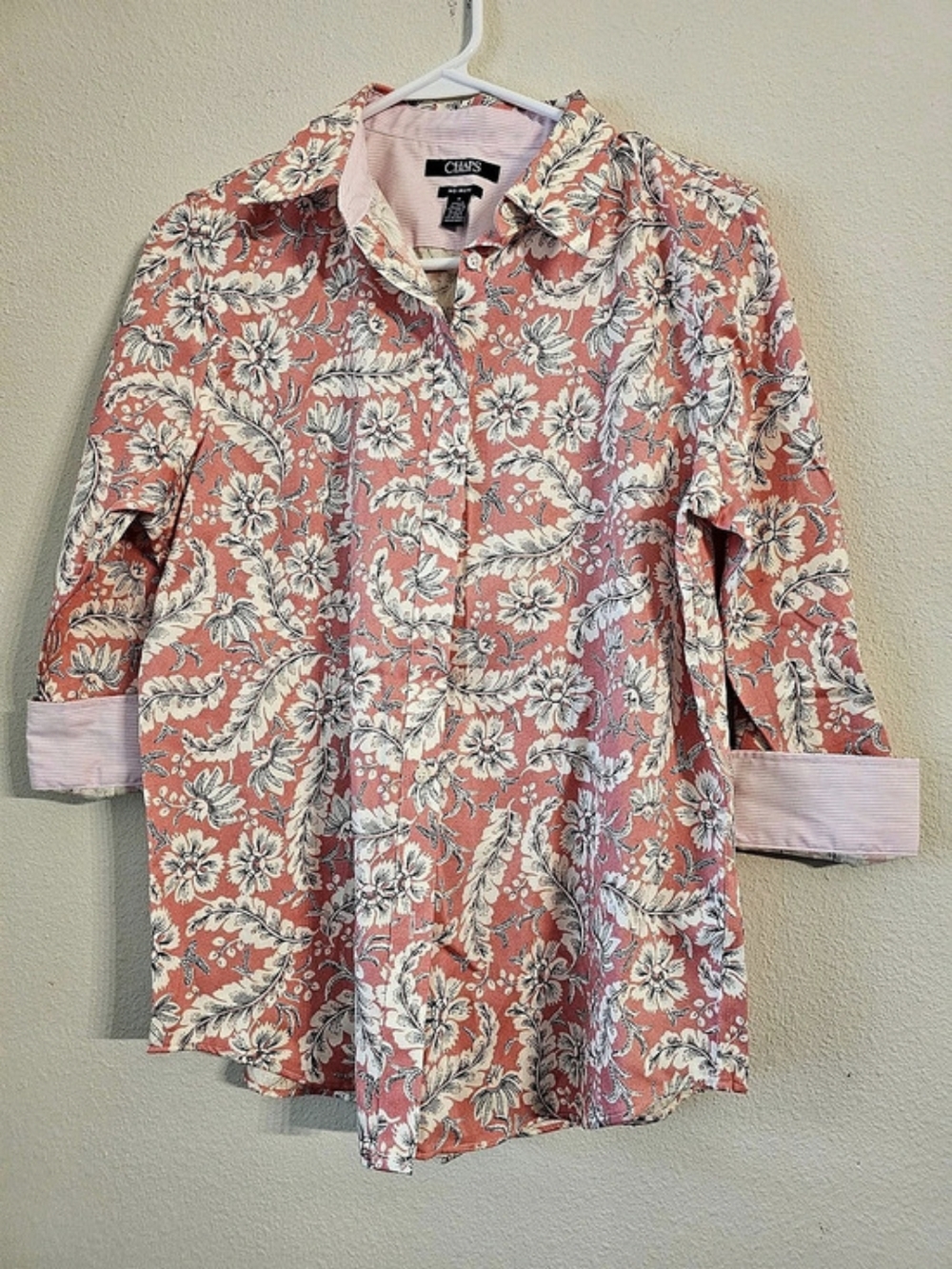 Chaps Floral Button Down Shirt in Pink & White Medium